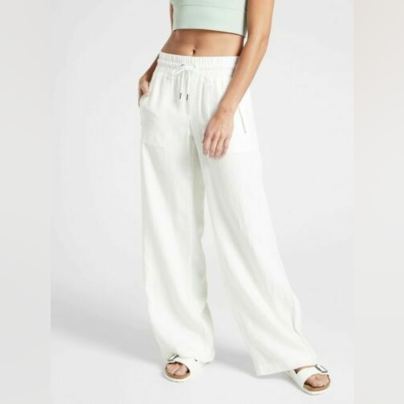 Athleta Pants White Lakeside Linen Relaxed Wide Leg Pants with Drawstring Waist - Picture 1 of 5